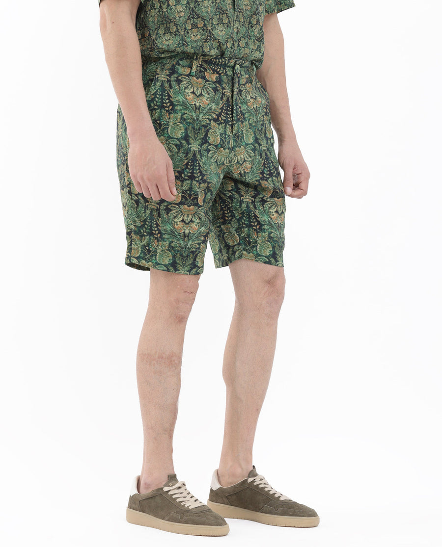 Rare Rabbit Men's Rabeno Dark Green Cotton Tropical Print Relaxed Fit Shorts