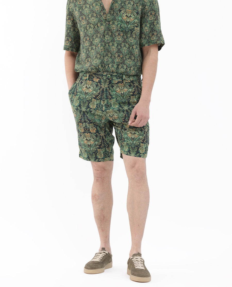 Rare Rabbit Men's Rabeno Dark Green Cotton Tropical Print Relaxed Fit Shorts