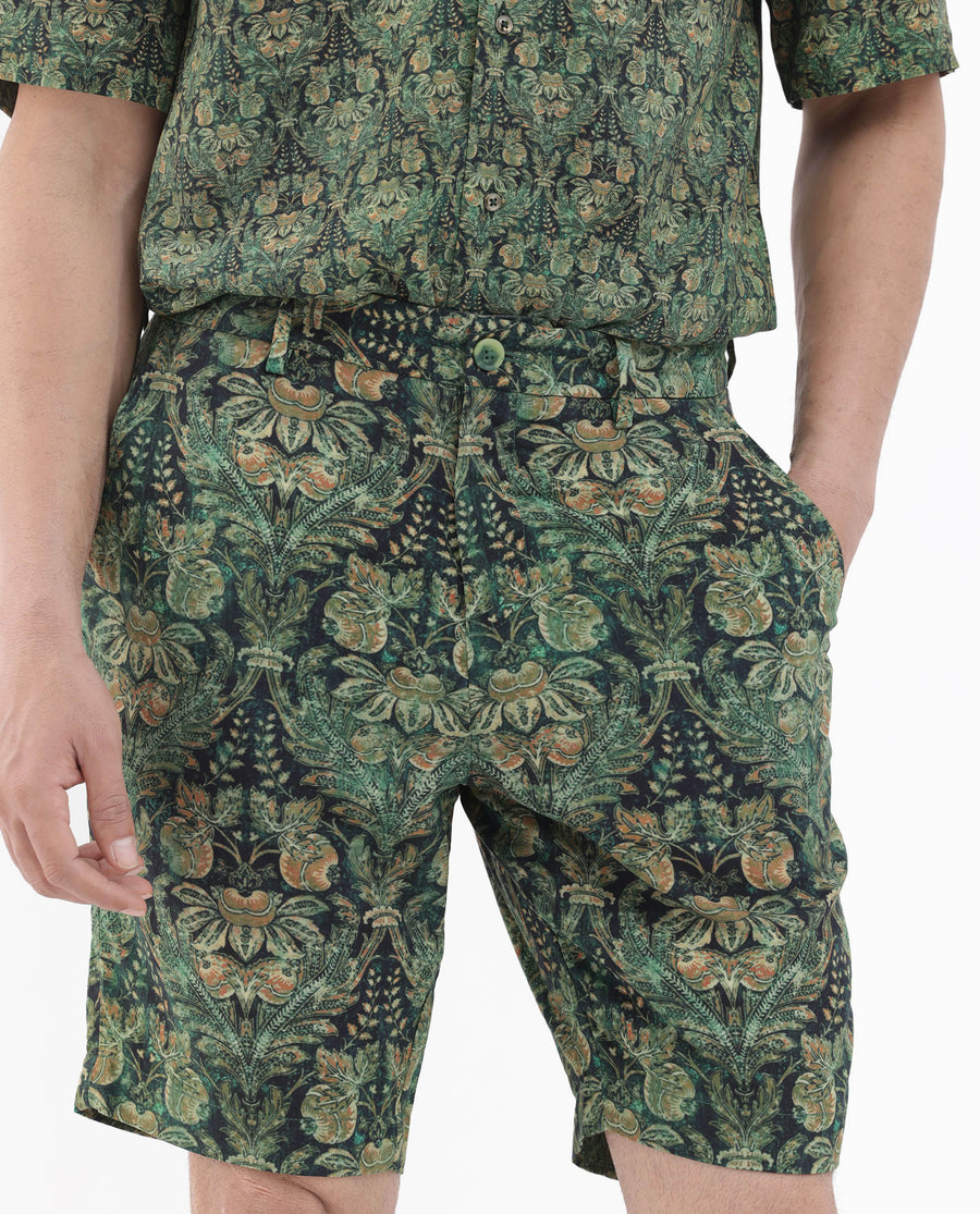 Rare Rabbit Men's Rabeno Dark Green Cotton Tropical Print Relaxed Fit Shorts