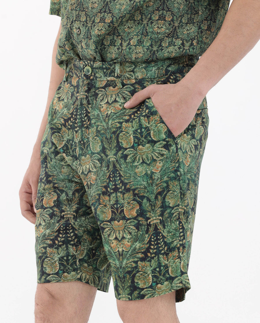 Rare Rabbit Men's Rabeno Dark Green Cotton Tropical Print Relaxed Fit Shorts