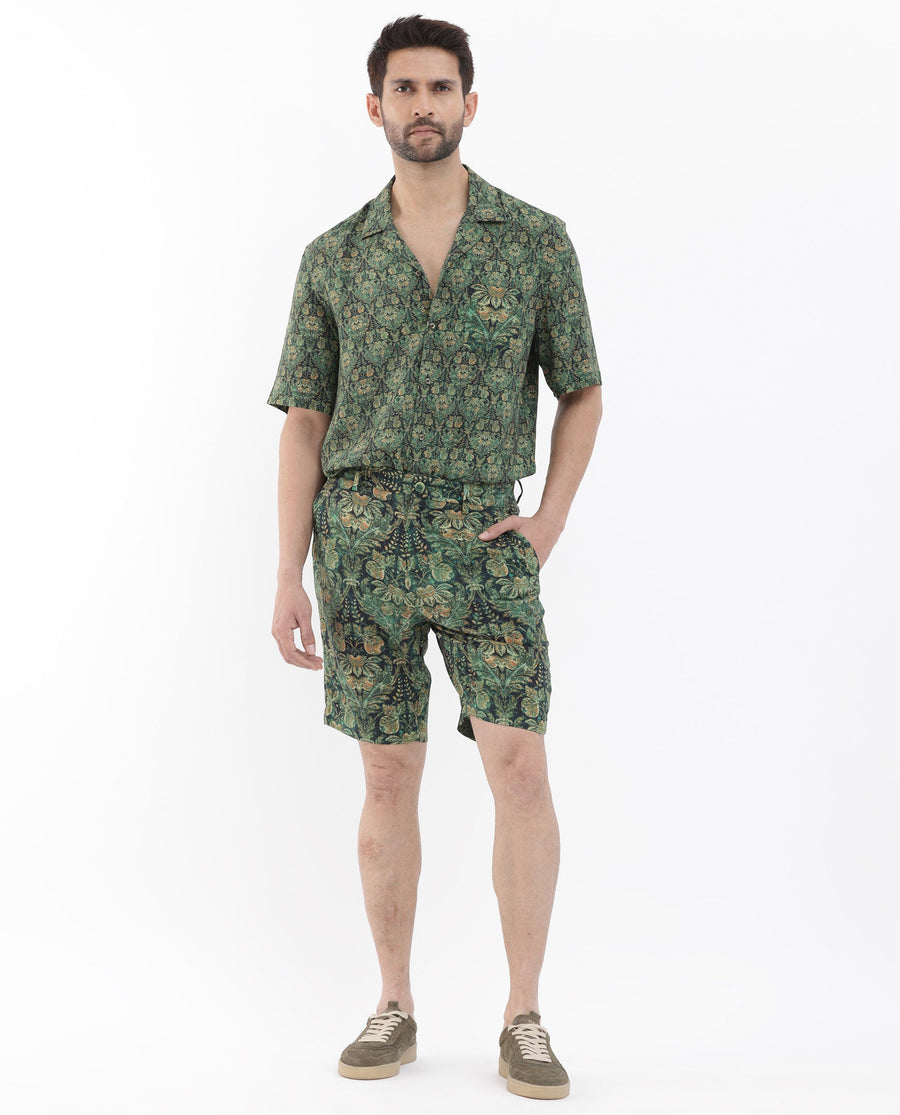 Rare Rabbit Men's Rabeno Dark Green Cotton Tropical Print Relaxed Fit Shorts