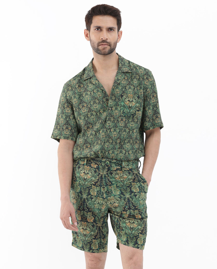 Rare Rabbit Men's Rabeno Dark Green Cotton Tropical Print Relaxed Fit Shorts