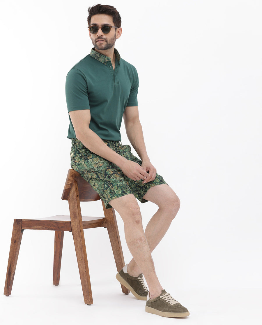 Rare Rabbit Men's Rabeno Dark Green Cotton Tropical Print Relaxed Fit Shorts