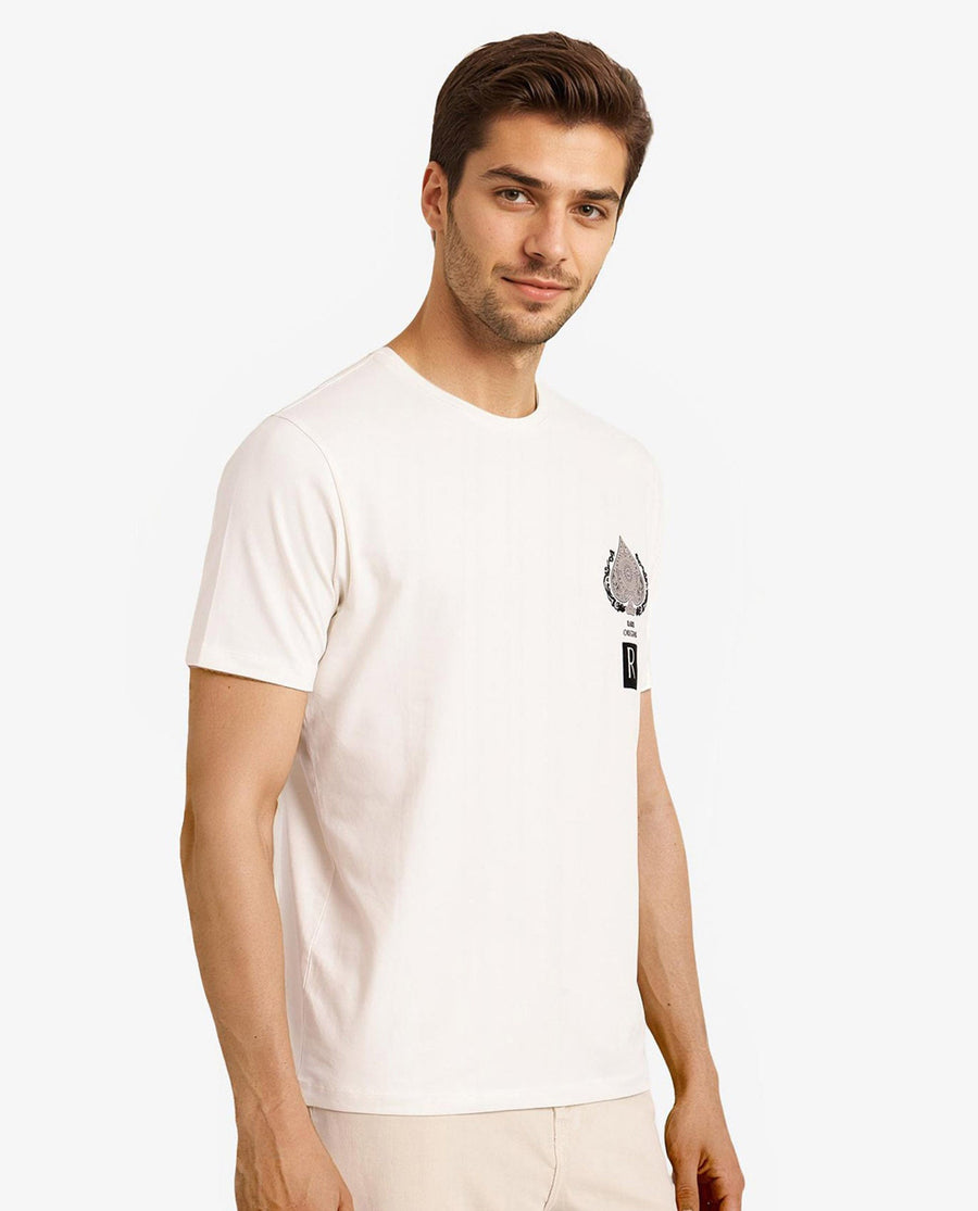 Rare Rabbit Men's Rabo Off White Cotton Graphic Print Regular Fit Half Sleeve Crew Neck T-Shirt