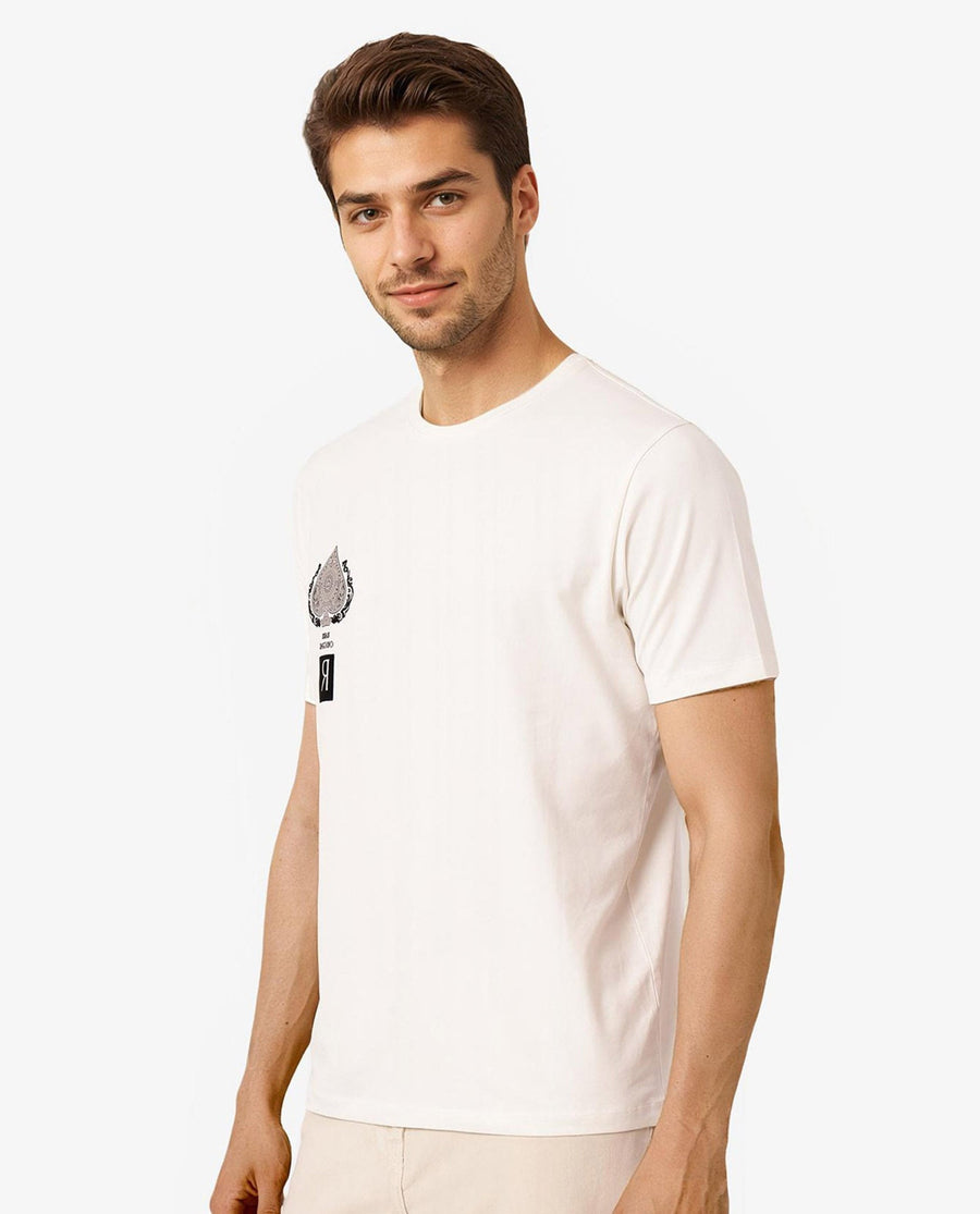 Rare Rabbit Men's Rabo Off White Cotton Graphic Print Regular Fit Half Sleeve Crew Neck T-Shirt