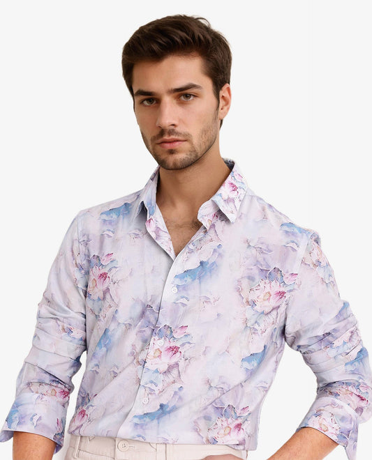Rare Rabbit Men's Raiko Pastel Purple Viscose Floral Print Regular Fit Full Sleeve Collared Shirt