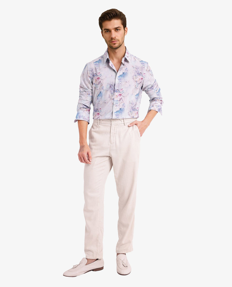 Rare Rabbit Men's Raiko Pastel Purple Viscose Floral Print Regular Fit Full Sleeve Collared Shirt