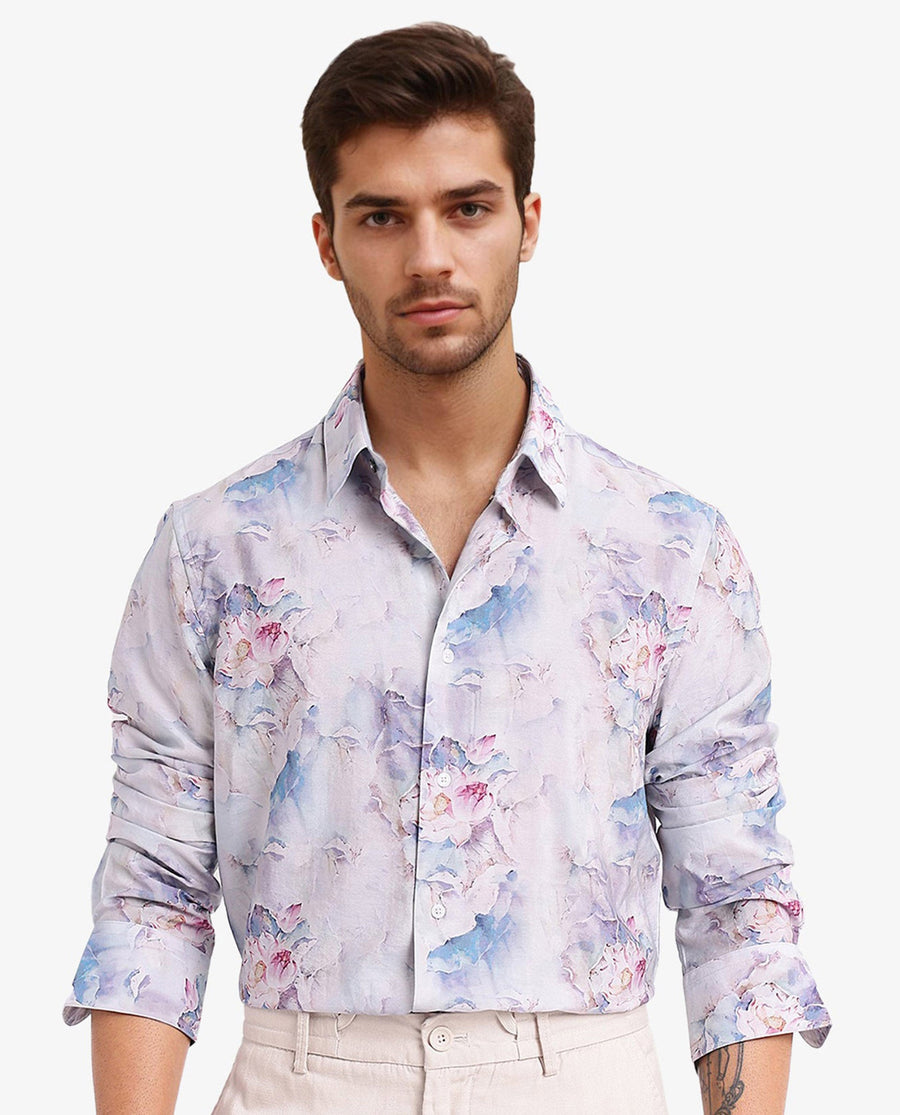 Rare Rabbit Men's Raiko Pastel Purple Viscose Floral Print Regular Fit Full Sleeve Collared Shirt