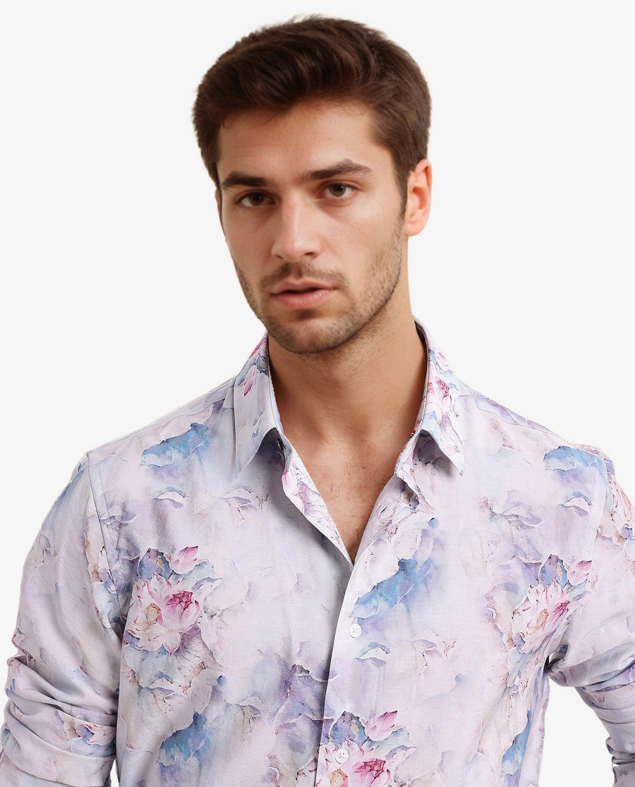 Rare Rabbit Men's Raiko Pastel Purple Viscose Floral Print Regular Fit Full Sleeve Collared Shirt