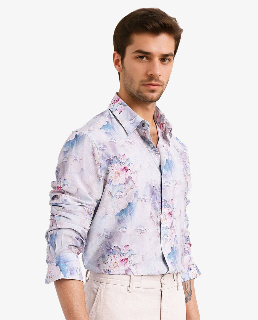 Rare Rabbit Men's Raiko Pastel Purple Viscose Floral Print Regular Fit Full Sleeve Collared Shirt