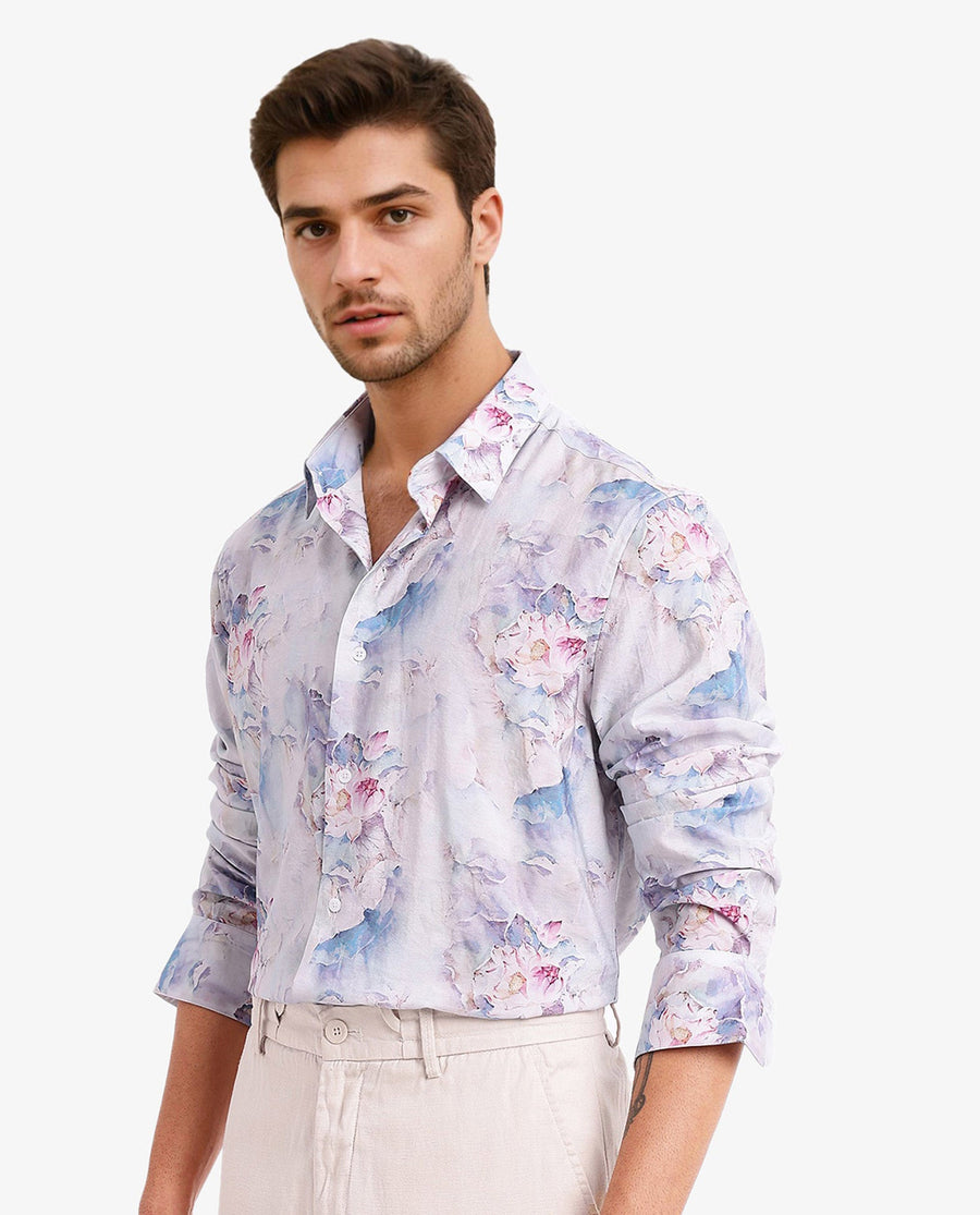 Rare Rabbit Men's Raiko Pastel Purple Viscose Floral Print Regular Fit Full Sleeve Collared Shirt