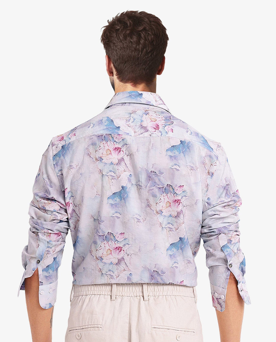 Rare Rabbit Men's Raiko Pastel Purple Viscose Floral Print Regular Fit Full Sleeve Collared Shirt