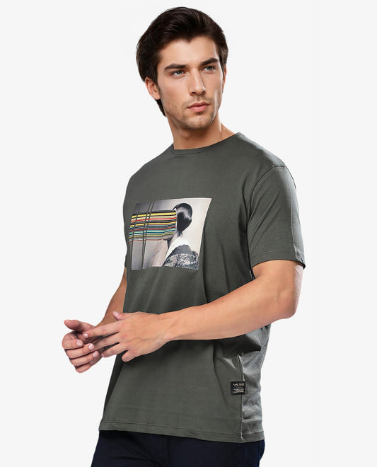 Rare Rabbit Men's Rainy Olive Cotton Graphic Print Slim Fit Half Sleeve Crew Neck T-Shirt