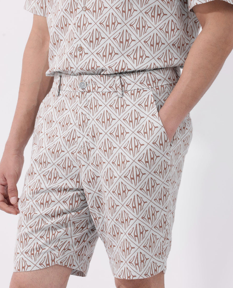 Rare Rabbit Men's Raron Pastel Blue Cotton Monogram Print Relaxed Fit Shorts