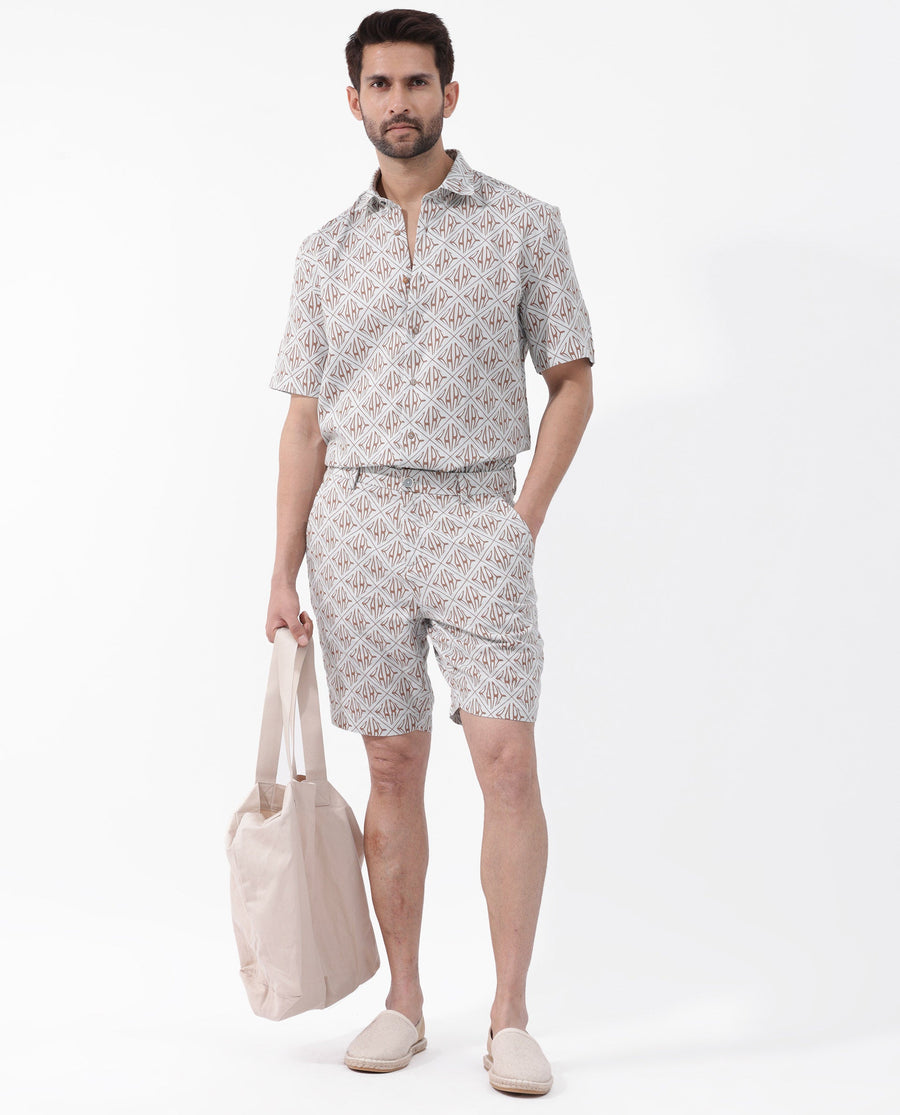 Rare Rabbit Men's Raron Pastel Blue Cotton Monogram Print Relaxed Fit Shorts