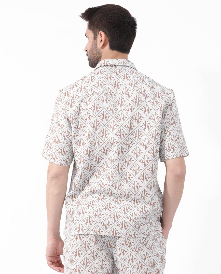 Rare Rabbit Men's Rarum Pastel Blue Cotton Monogram Print Boxy Fit Half Sleeve Spread Collar Shirt