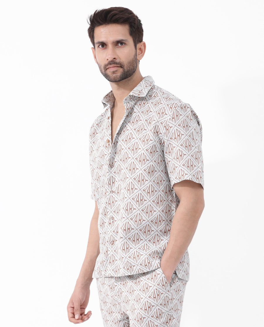 Rare Rabbit Men's Rarum Pastel Blue Cotton Monogram Print Boxy Fit Half Sleeve Spread Collar Shirt