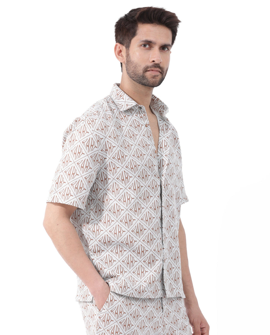 Rare Rabbit Men's Rarum Pastel Blue Cotton Monogram Print Boxy Fit Half Sleeve Spread Collar Shirt