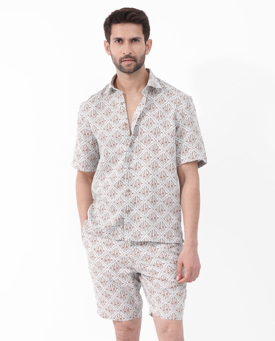 Rare Rabbit Men's Rarum Pastel Blue Cotton Monogram Print Boxy Fit Half Sleeve Spread Collar Shirt