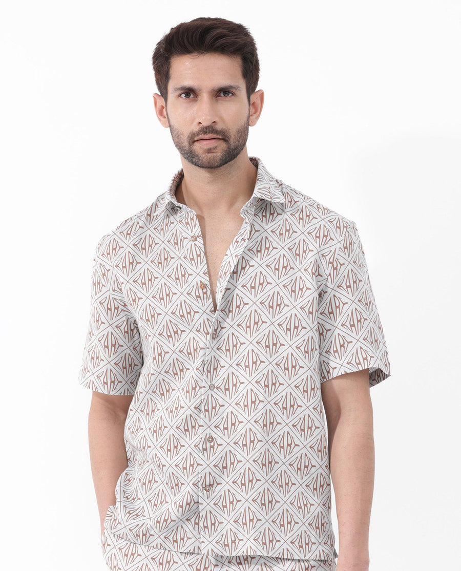 Rare Rabbit Men's Rarum Pastel Blue Cotton Monogram Print Boxy Fit Half Sleeve Spread Collar Shirt