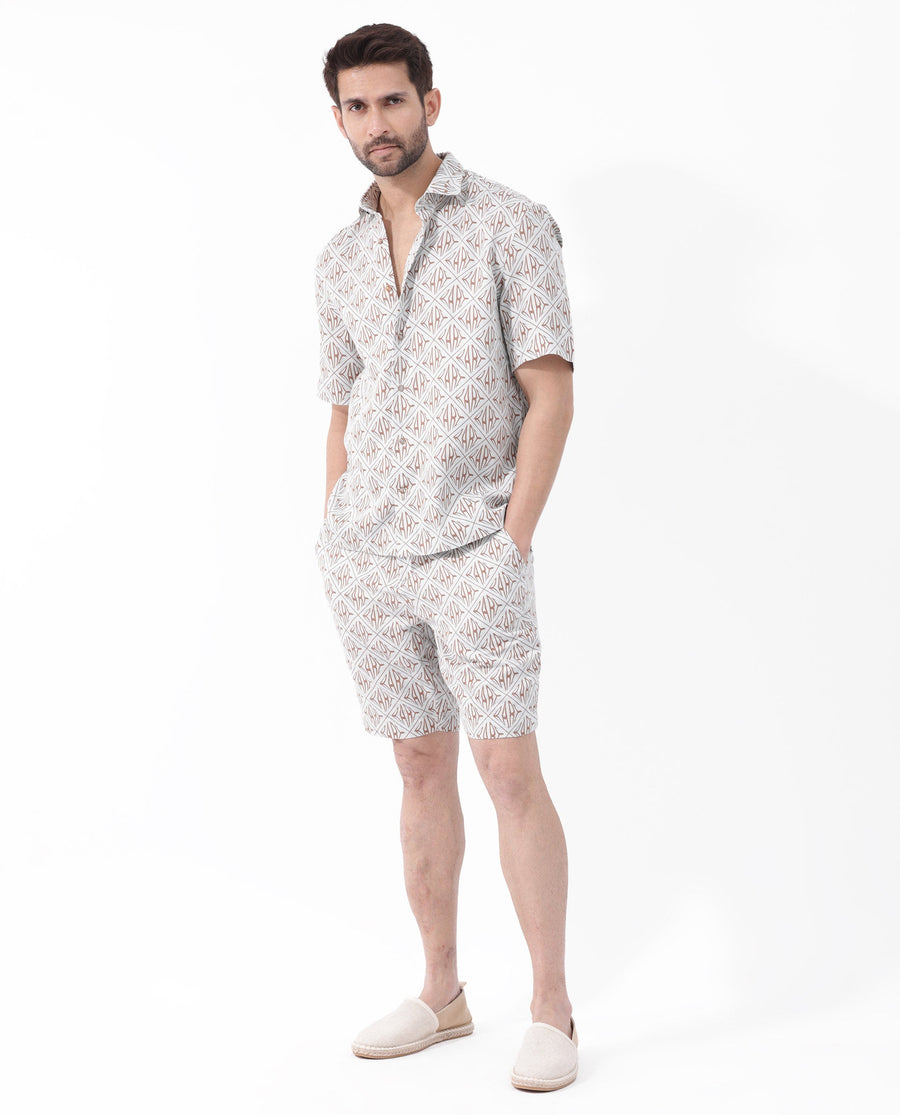 Rare Rabbit Men's Rarum Pastel Blue Cotton Monogram Print Boxy Fit Half Sleeve Spread Collar Shirt