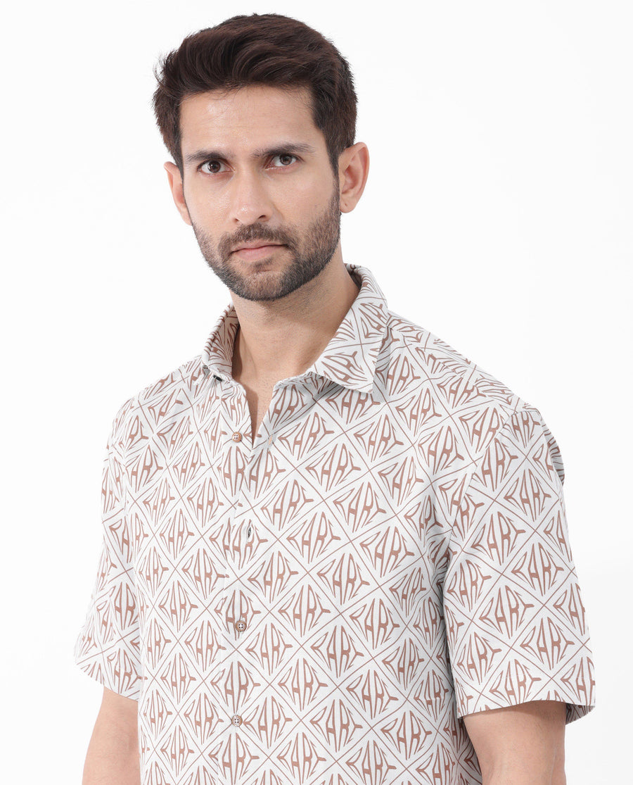 Rare Rabbit Men's Rarum Pastel Blue Cotton Monogram Print Boxy Fit Half Sleeve Spread Collar Shirt