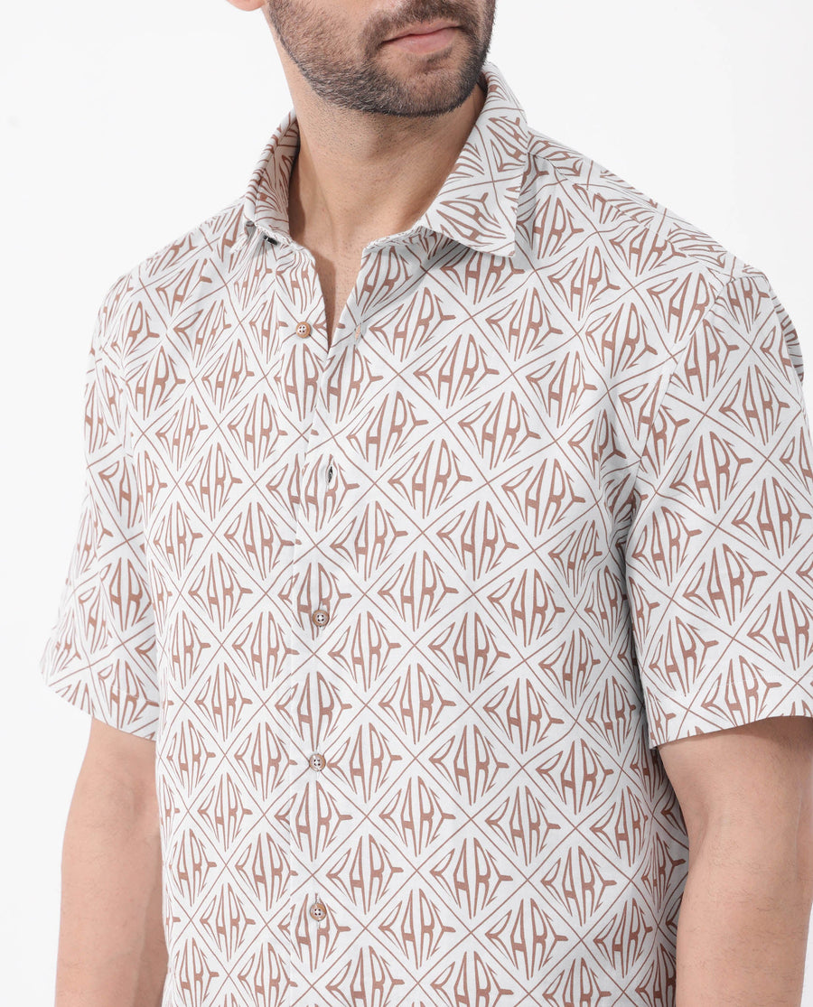 Rare Rabbit Men's Rarum Pastel Blue Cotton Monogram Print Boxy Fit Half Sleeve Spread Collar Shirt