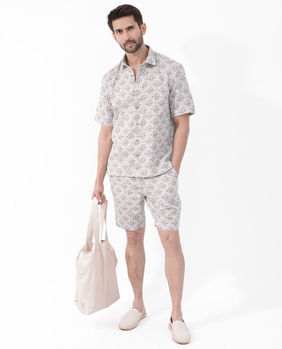 Rare Rabbit Men's Rarum Pastel Blue Cotton Monogram Print Boxy Fit Half Sleeve Spread Collar Shirt