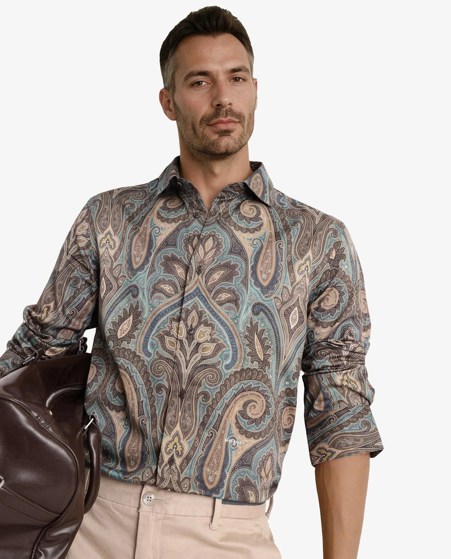 Rare Rabbit Men's Rave Green Paisley Print Regular Fit Full Sleeve Collared Shirt