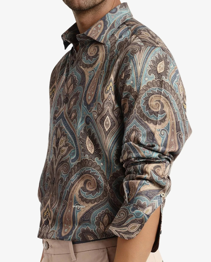 Rare Rabbit Men's Rave Green Paisley Print Regular Fit Full Sleeve Collared Shirt