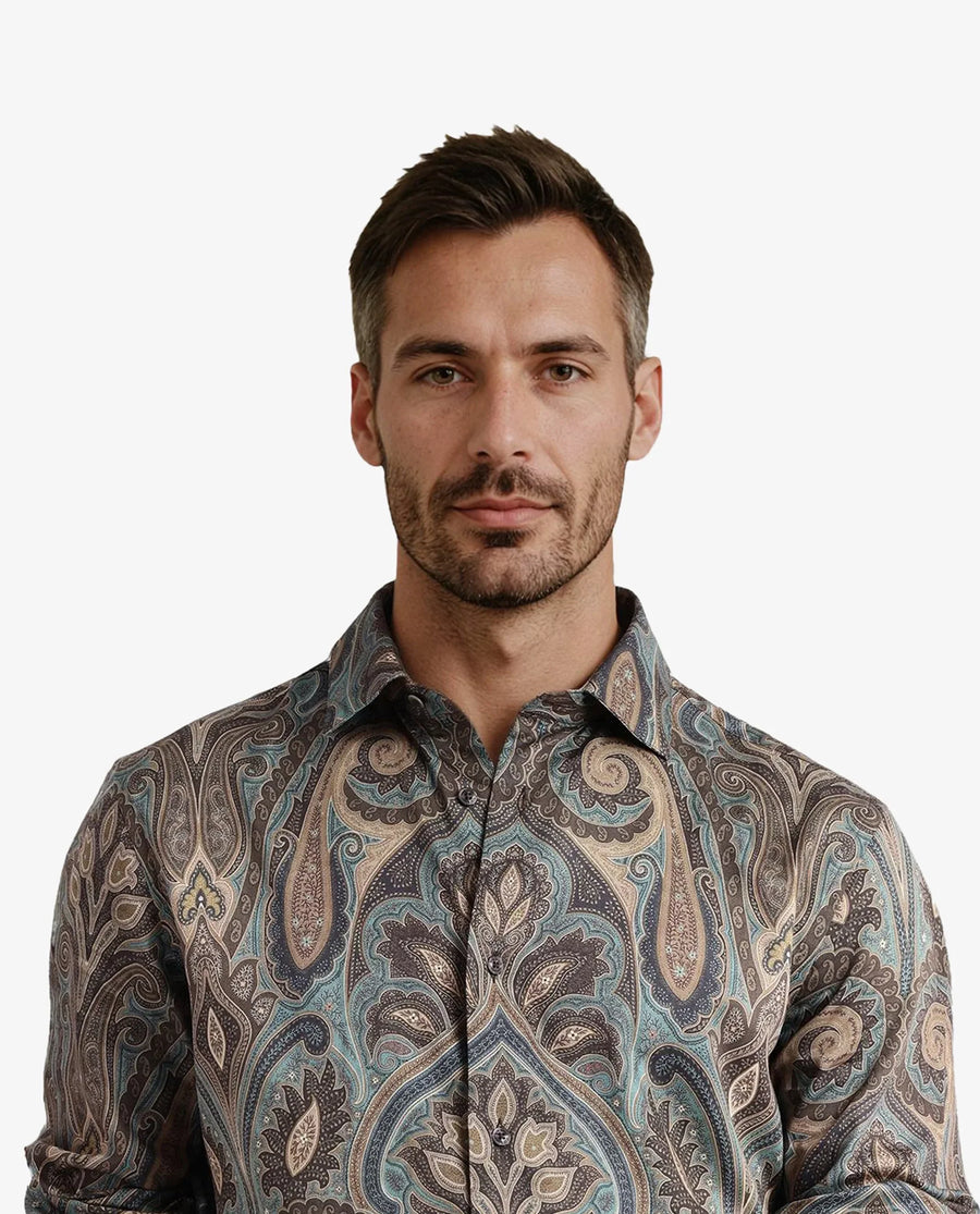 Rare Rabbit Men's Rave Green Paisley Print Regular Fit Full Sleeve Collared Shirt
