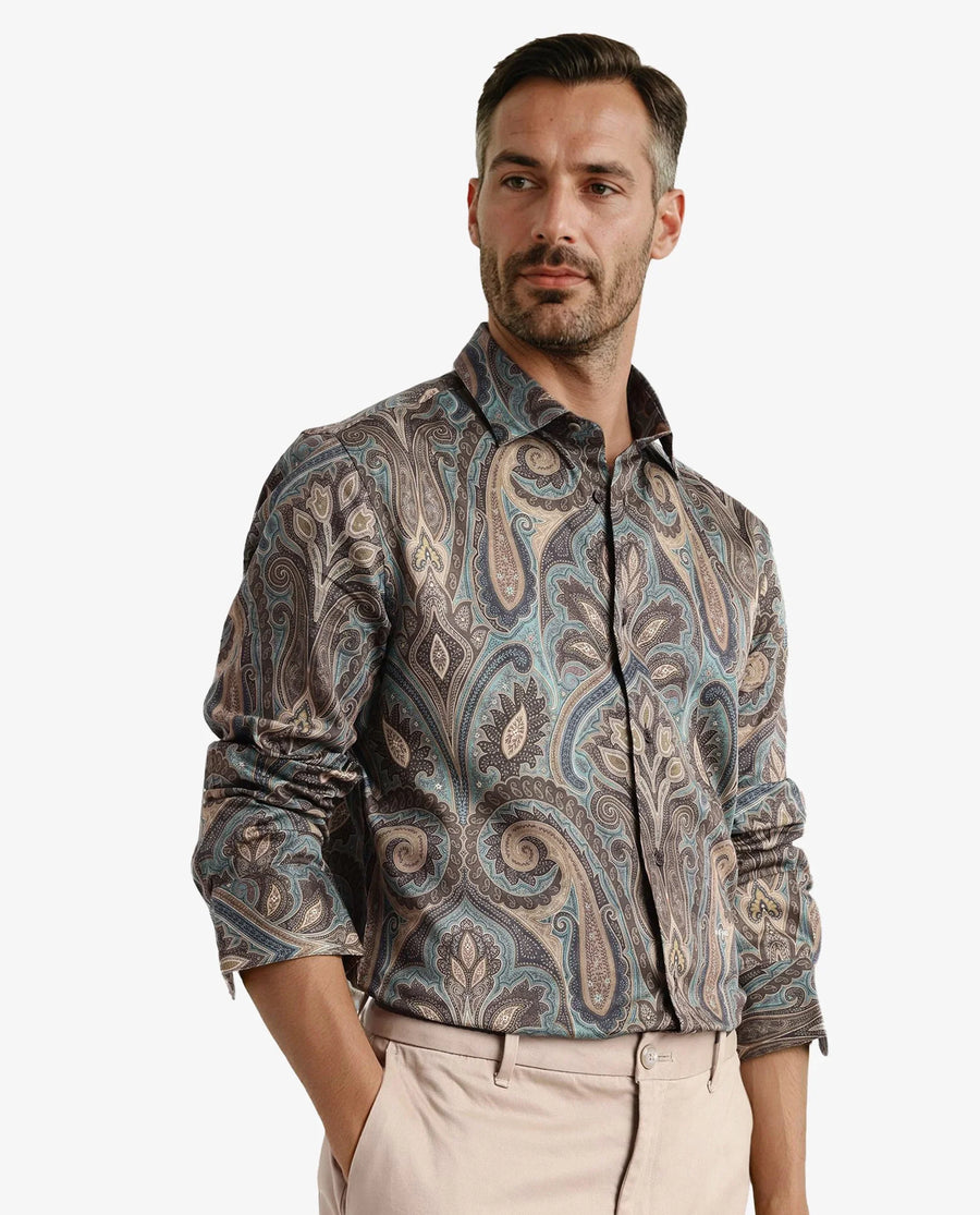 Rare Rabbit Men's Rave Green Paisley Print Regular Fit Full Sleeve Collared Shirt