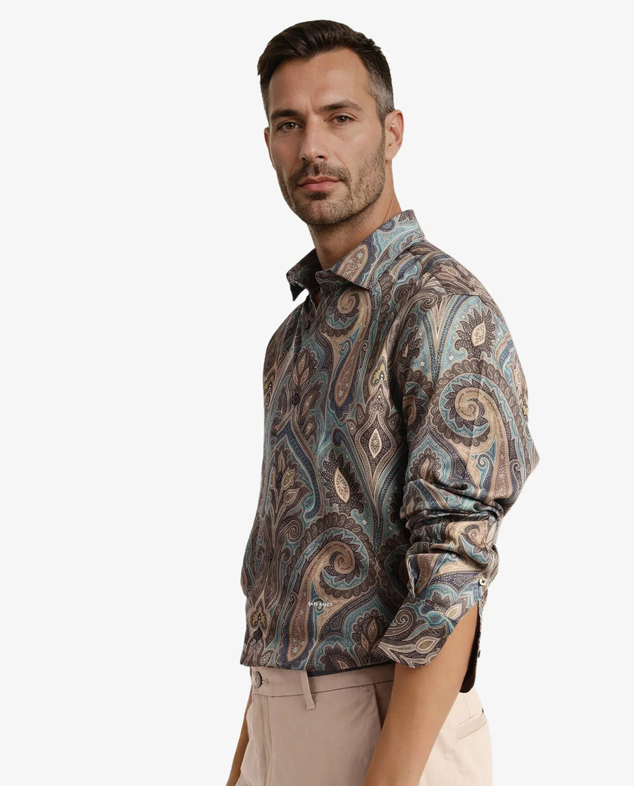 Rare Rabbit Men's Rave Green Paisley Print Regular Fit Full Sleeve Collared Shirt