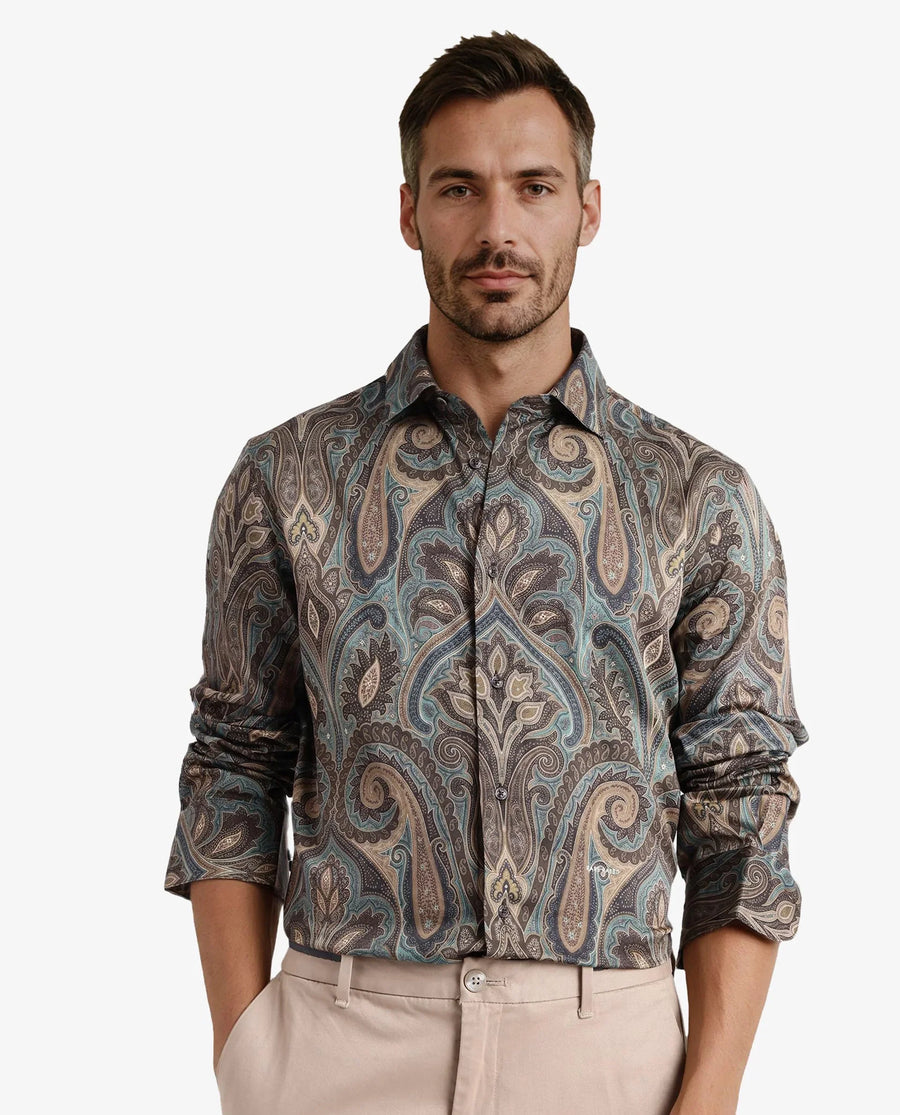 Rare Rabbit Men's Rave Green Paisley Print Regular Fit Full Sleeve Collared Shirt