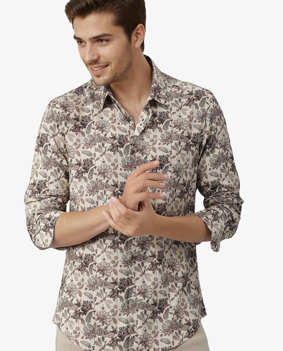 Rare Rabbit Men's Ravell Beige Viscose Floral Print Regular Fit Full Sleeve Collared Shirt