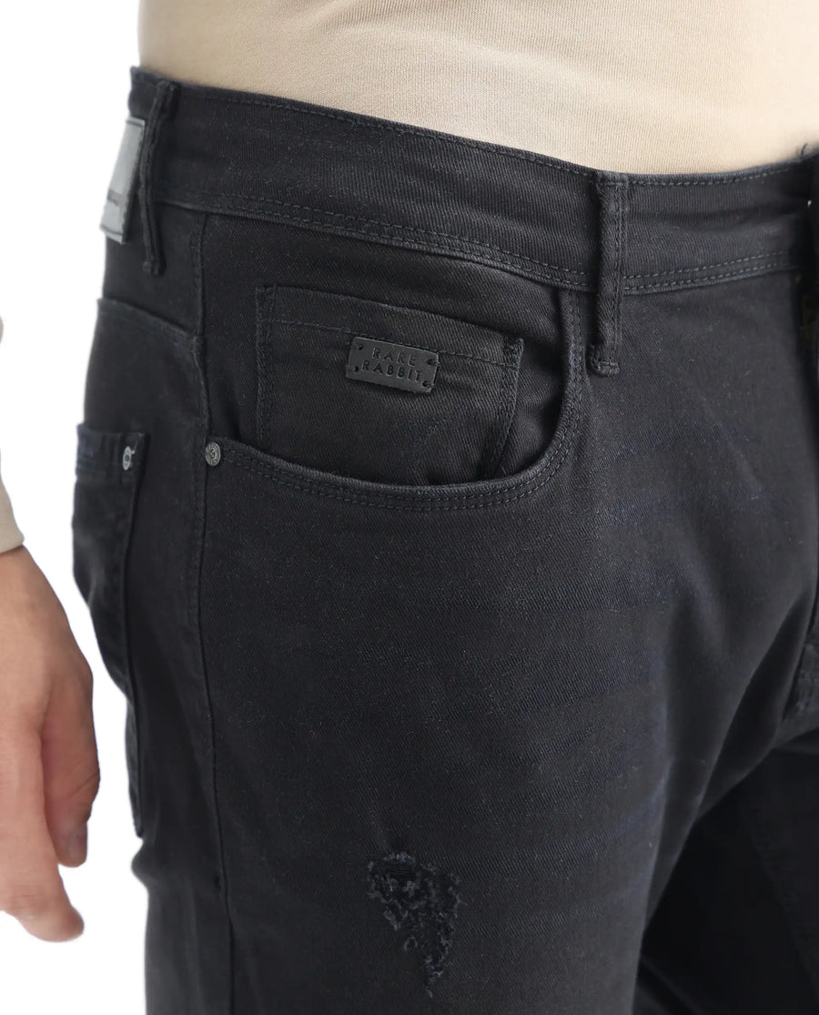 Rare Rabbit Men's Ray Black Cotton Plain Hawk Slim Fit Jeans