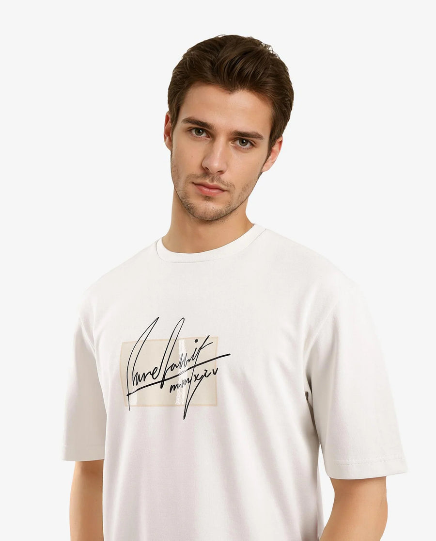 Rare Rabbit Men's Raydo Off White Cotton Graphic Print Boxy Fit Half Sleeve Crew Neck T-Shirt