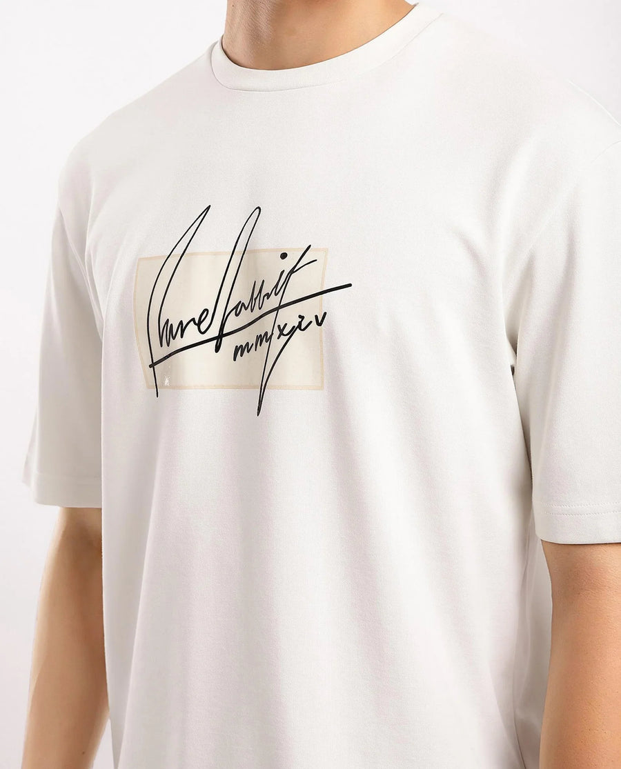 Rare Rabbit Men's Raydo Off White Cotton Graphic Print Boxy Fit Half Sleeve Crew Neck T-Shirt