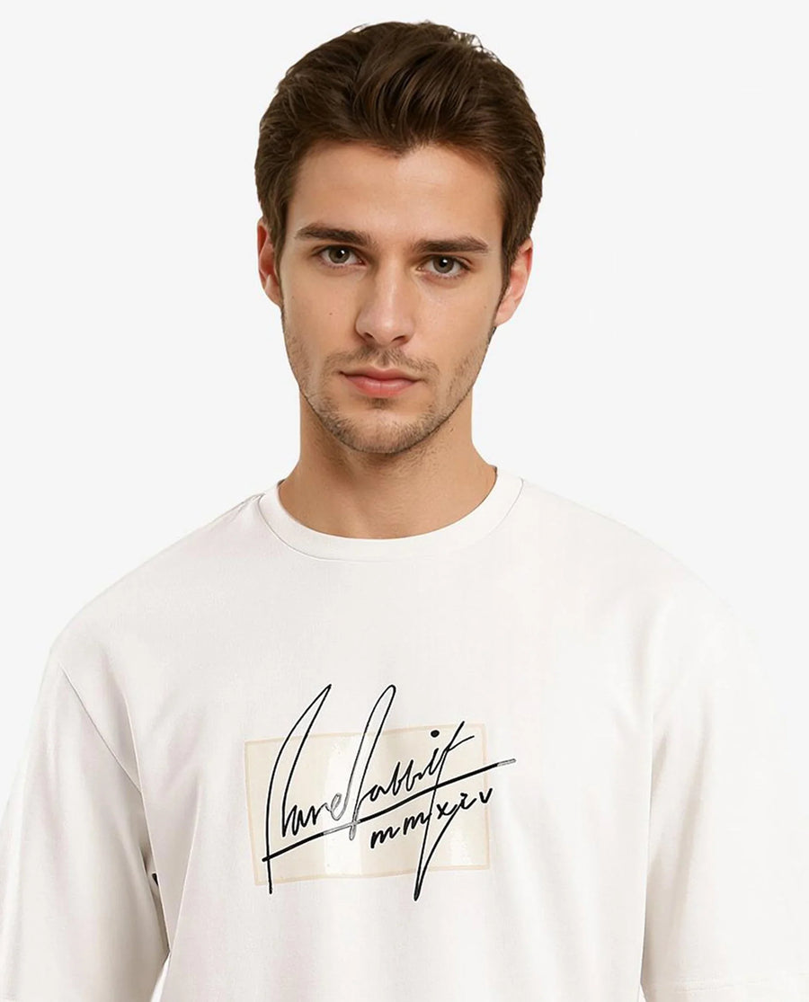 Rare Rabbit Men's Raydo Off White Cotton Graphic Print Boxy Fit Half Sleeve Crew Neck T-Shirt