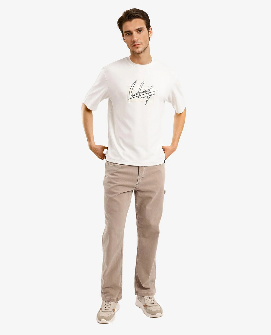 Rare Rabbit Men's Raydo Off White Cotton Graphic Print Boxy Fit Half Sleeve Crew Neck T-Shirt