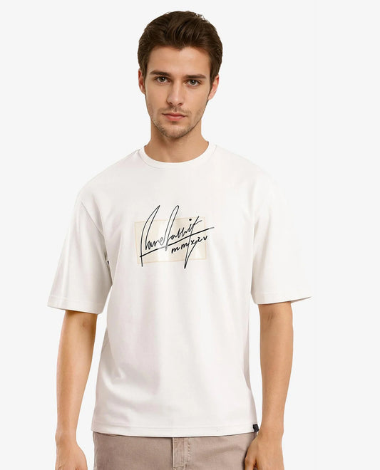 Rare Rabbit Men's Raydo Off White Cotton Graphic Print Boxy Fit Half Sleeve Crew Neck T-Shirt