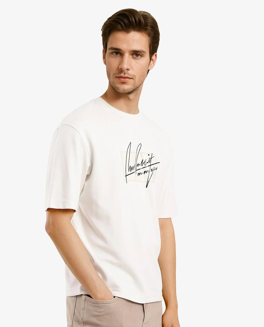 Rare Rabbit Men's Raydo Off White Cotton Graphic Print Boxy Fit Half Sleeve Crew Neck T-Shirt