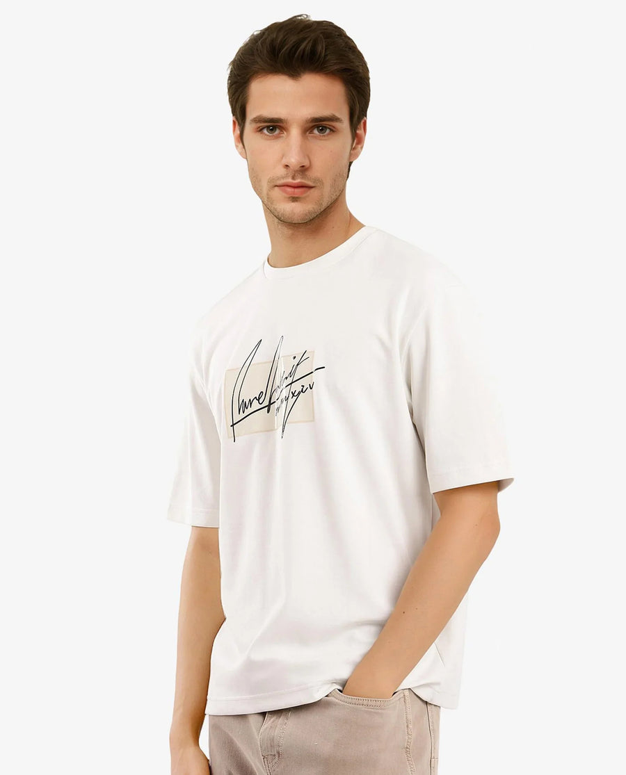 Rare Rabbit Men's Raydo Off White Cotton Graphic Print Boxy Fit Half Sleeve Crew Neck T-Shirt