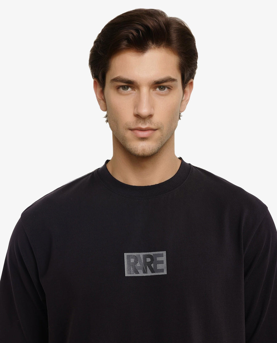 Rare Rabbit Men's Reborn-T Black Cotton Graphic Print Oversized Fit Half Sleeve Crew Neck T-Shirt