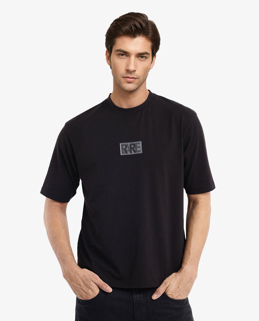 Rare Rabbit Men's Reborn-T Black Cotton Graphic Print Oversized Fit Half Sleeve Crew Neck T-Shirt