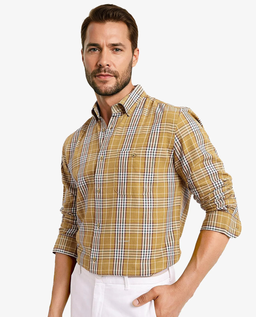 Rare Rabbit Men's Reed Light Brown Checked Print Regular Fit Full Sleeve Collared Shirt