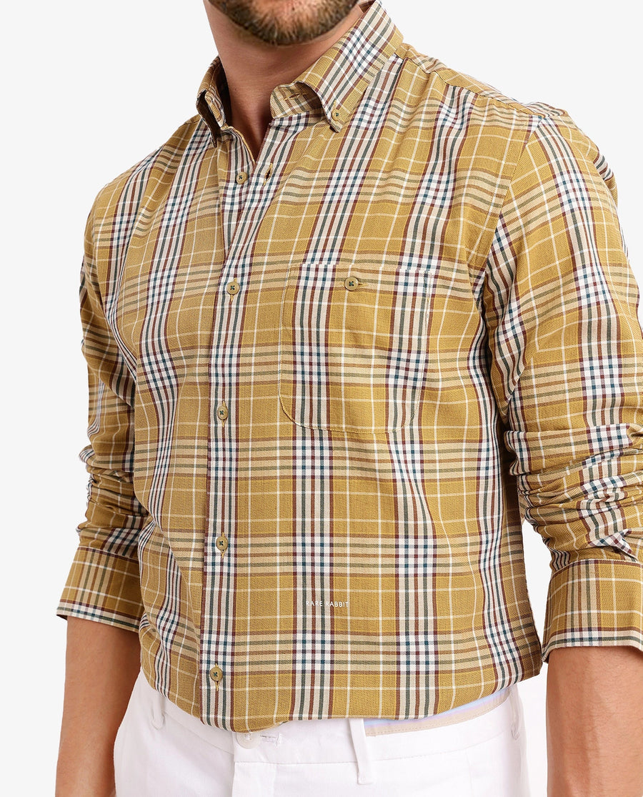 Rare Rabbit Men's Reed Light Brown Checked Print Regular Fit Full Sleeve Collared Shirt