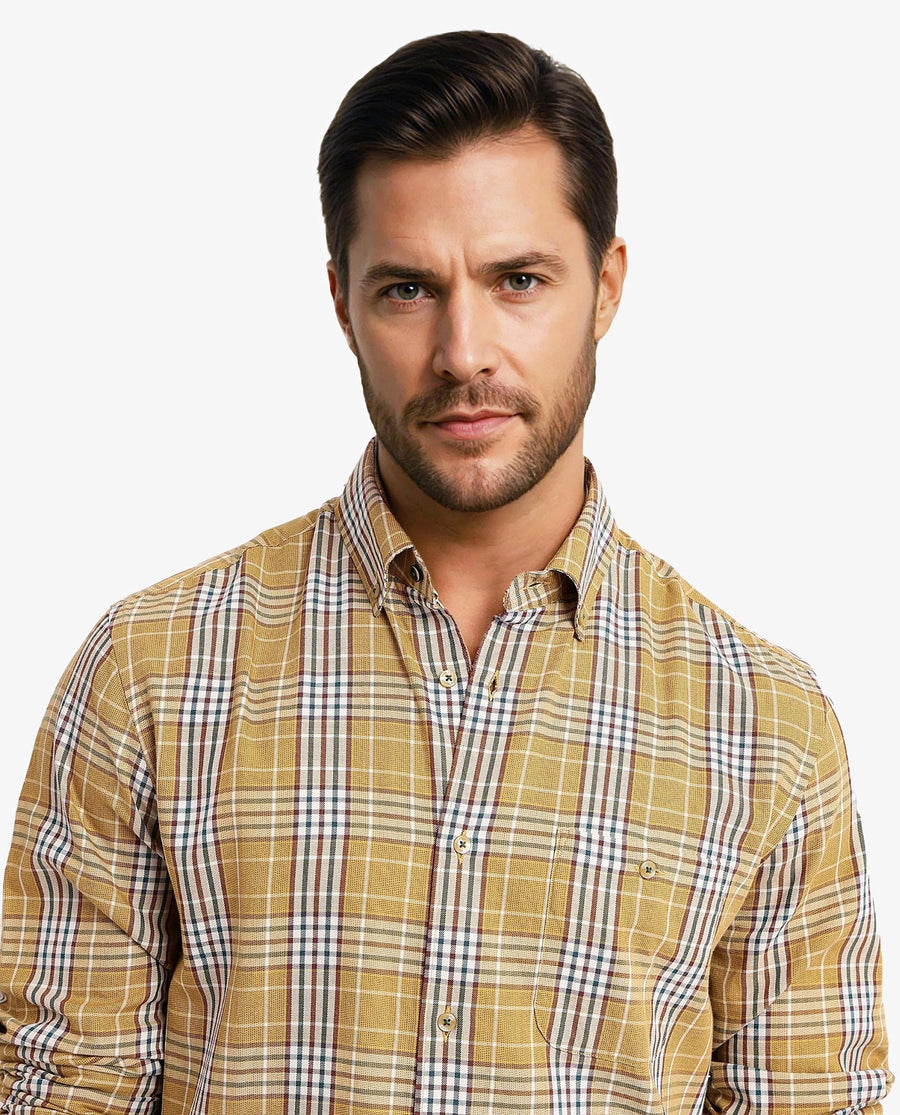 Rare Rabbit Men's Reed Light Brown Checked Print Regular Fit Full Sleeve Collared Shirt