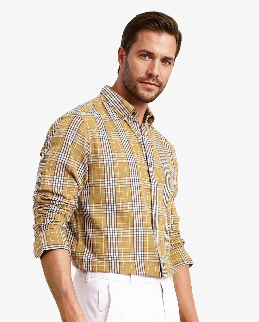 Rare Rabbit Men's Reed Light Brown Checked Print Regular Fit Full Sleeve Collared Shirt