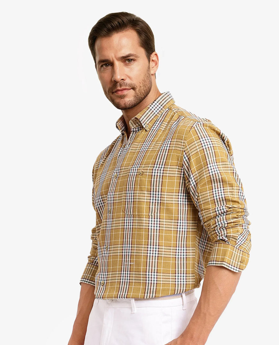 Rare Rabbit Men's Reed Light Brown Checked Print Regular Fit Full Sleeve Collared Shirt